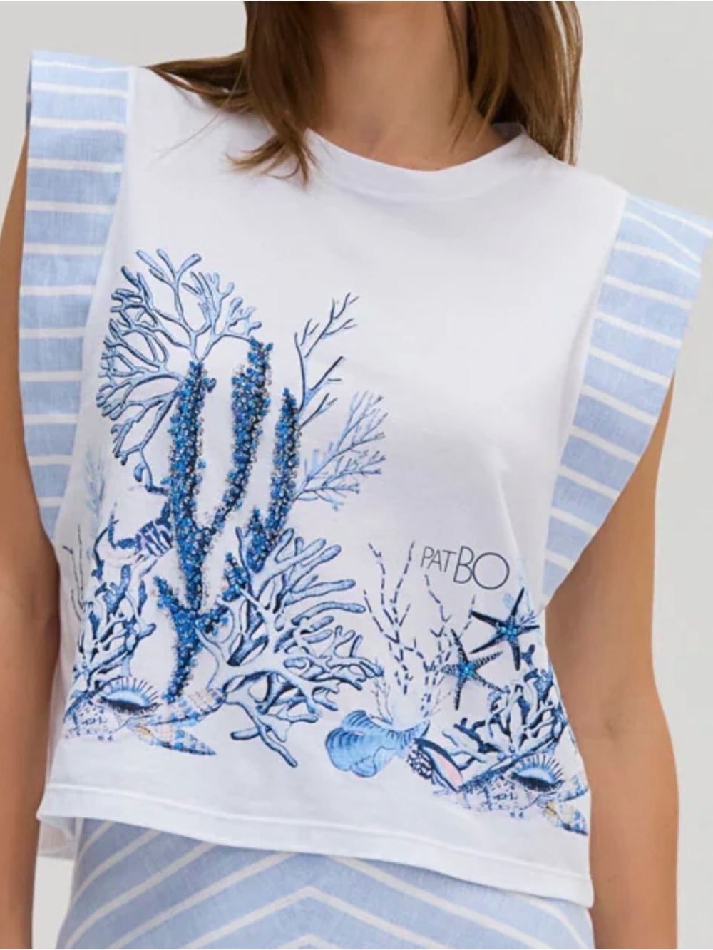 PatBO White Tank with Light Blue Nautical Coral Print